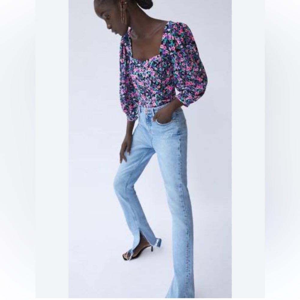 Zara Floral Print Pink Puffy Sleeve Crop Top. Size XS (213)